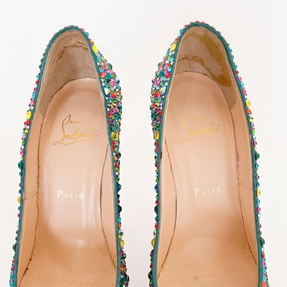 Christian Louboutin Daffodile 160 Pumps in Multicolor Crystal-Embellished Teal Suede Size 39.5