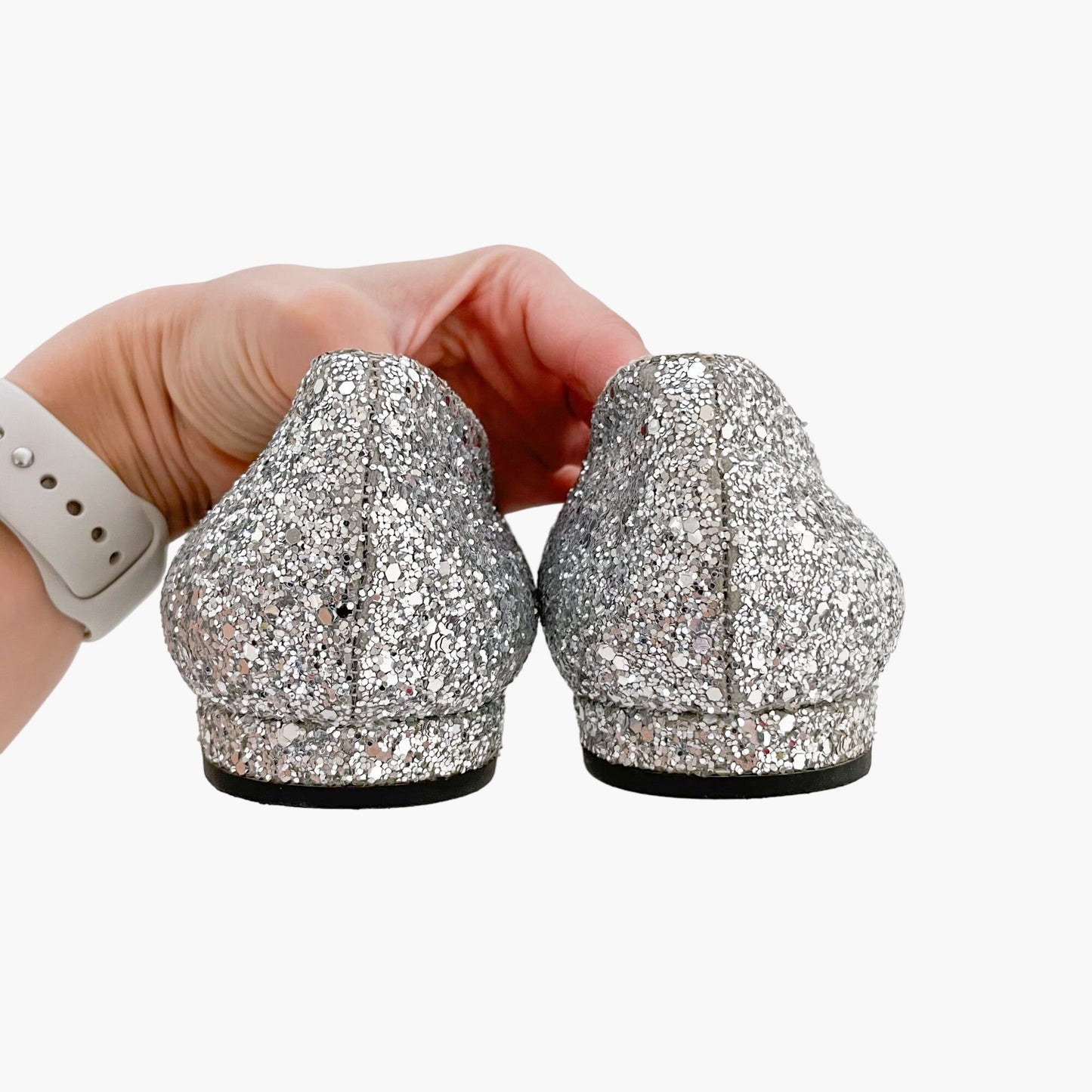 Chanel Glitter Camellia Crystal Flats in Silver Size 38