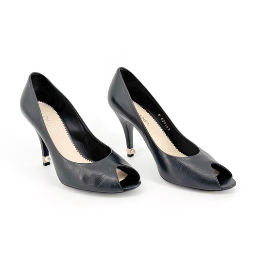 Chanel Peep Toe Pumps in Black Leather with Pearl CC Heel – Size 38.5