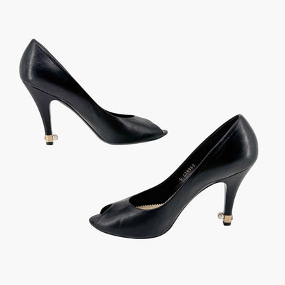 Chanel Peep Toe Pumps in Black Leather with Pearl CC Heel – Size 38.5