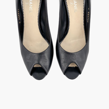 Chanel Peep Toe Pumps in Black Leather with Pearl CC Heel – Size 38.5