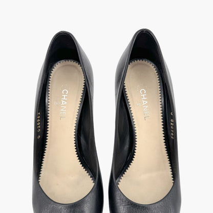 Chanel Peep Toe Pumps in Black Leather with Pearl CC Heel – Size 38.5
