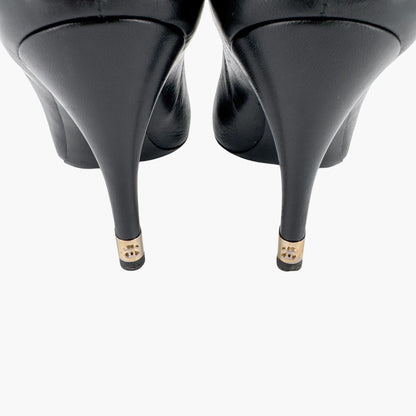 Chanel Peep Toe Pumps in Black Leather with Pearl CC Heel – Size 38.5
