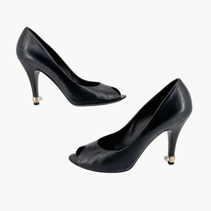 Chanel Peep Toe Pumps in Black Leather with Pearl CC Heel – Size 38.5