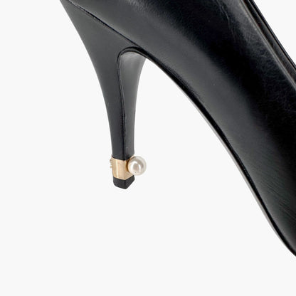 Chanel Peep Toe Pumps in Black Leather with Pearl CC Heel – Size 38.5