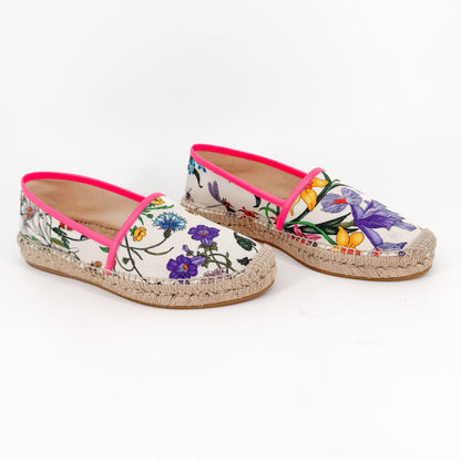 Gucci Flora Espadrille Flats White Floral Canvas Size 37