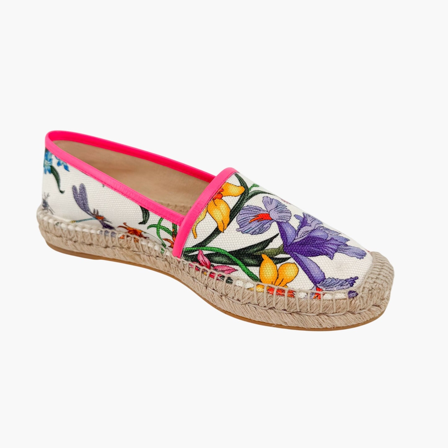 Gucci Flora Espadrille Flats White Floral Canvas Size 37