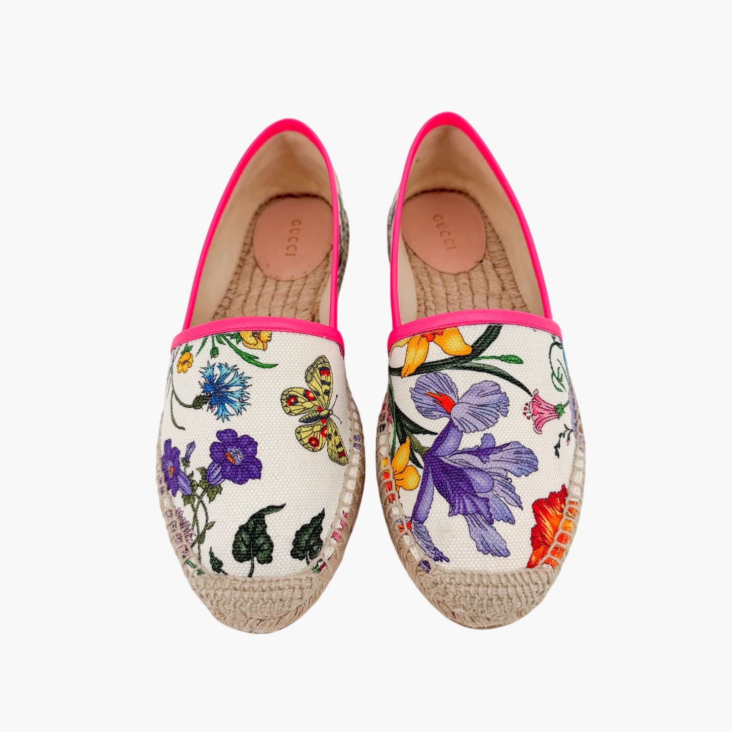 Gucci Flora Espadrille Flats White Floral Canvas Size 37