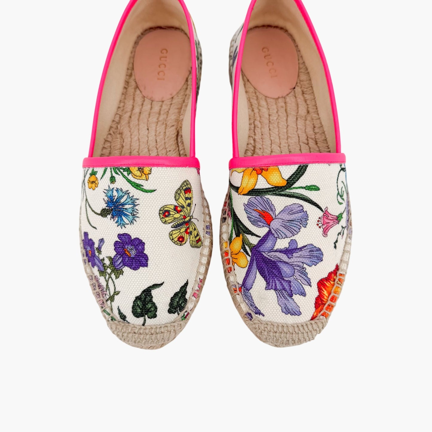 Gucci Flora Espadrille Flats White Floral Canvas Size 37