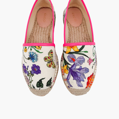 Gucci Flora Espadrille Flats White Floral Canvas Size 37