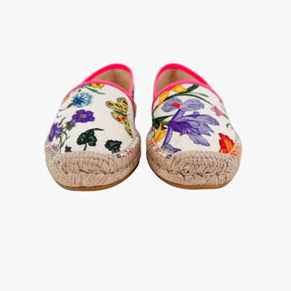 Gucci Flora Espadrille Flats White Floral Canvas Size 37
