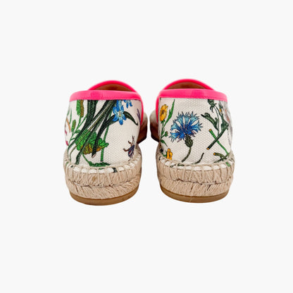 Gucci Flora Espadrille Flats White Floral Canvas Size 37