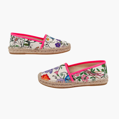 Gucci Flora Espadrille Flats White Floral Canvas Size 37