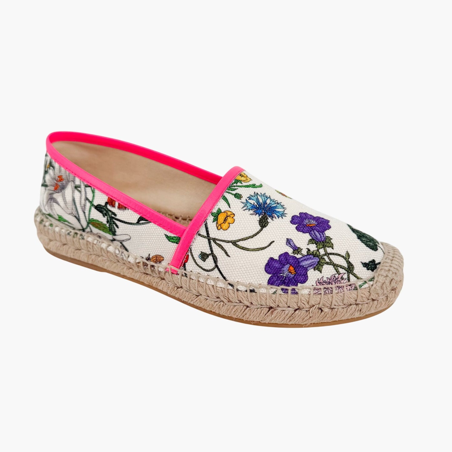 Gucci Flora Espadrille Flats White Floral Canvas Size 37