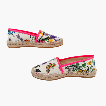 Gucci Flora Espadrille Flats White Floral Canvas Size 37