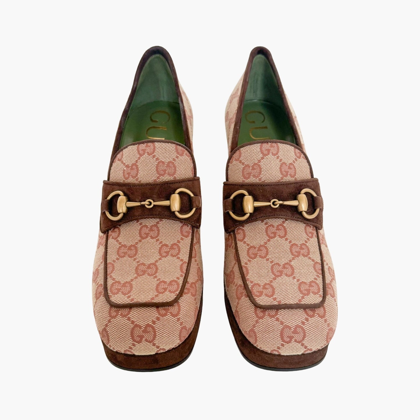 Gucci Houdan Horsebit Block Heel Loafer in Beige GG Monogram Canvas Size 40