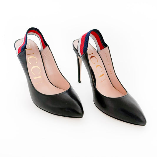 Gucci Sylvie Web Stripe Slingback Pumps in Black Size 37