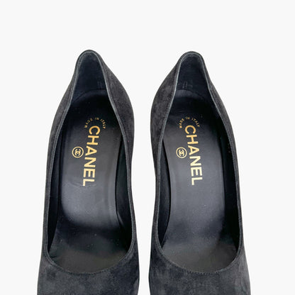 Chanel CC Cap Toe Pearl Block Heel Pumps in Black Suede Size 37.5