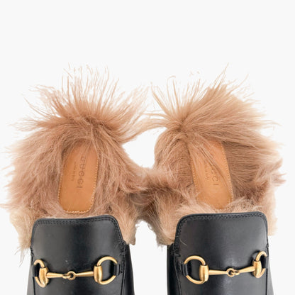 Gucci Princetown Horsebit Fur-Lined Mule in Black Leather Size 38