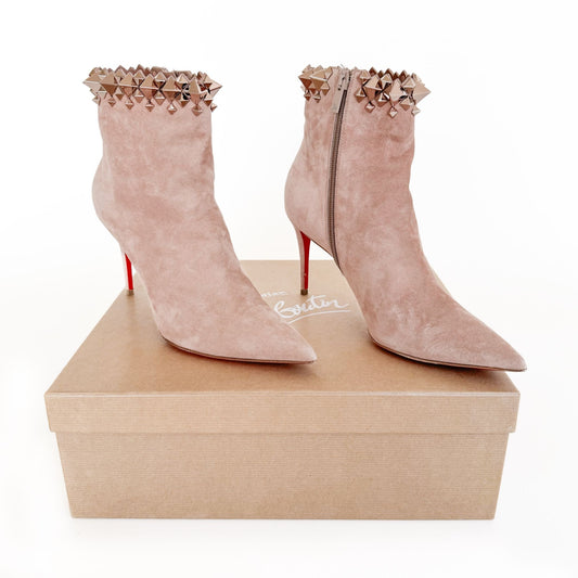 Christian Louboutin Firmamma 85 Booties in Courtisane (Rose Beige) Suede Size 38