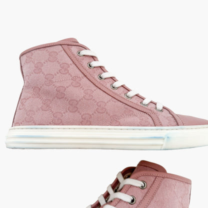 Gucci Rebel High Top Sneakers in Pink GG Monogram Canvas Size 37