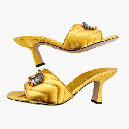 Gucci Crystal-Embellished GG Mules in Gold Matelassé Leather Size 40