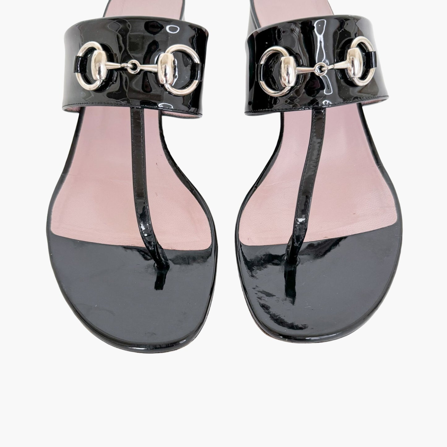 Gucci Lilane Horsebit Low Block Heel Thong Sandals in Black Patent Leather Size 37.5