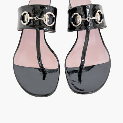 Gucci Lilane Horsebit Low Block Heel Thong Sandals in Black Patent Leather Size 37.5