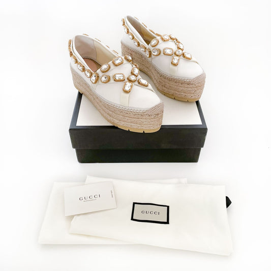 Gucci Pepita Crystal-Embellished Platform Espadrilles in White Canvas Size 40.5