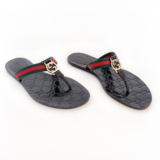 Gucci GG Web Stripe Thong Sandal in Brown Leather Size 39