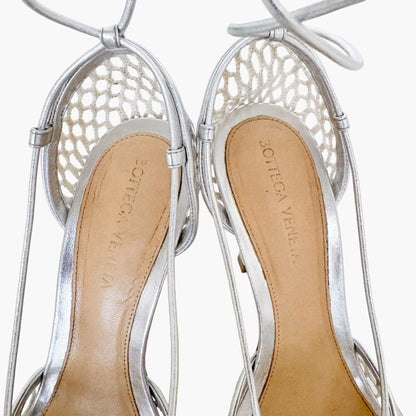 Bottega Veneta Stretch Lace-Up Sandals in Metallic Silver Size 37.5