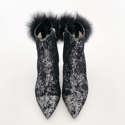 Jimmy Choo Tesler 65 Ankle Boots in Anthracite/Black Velvet Glitter Devore with Fox Fur Size 38.5