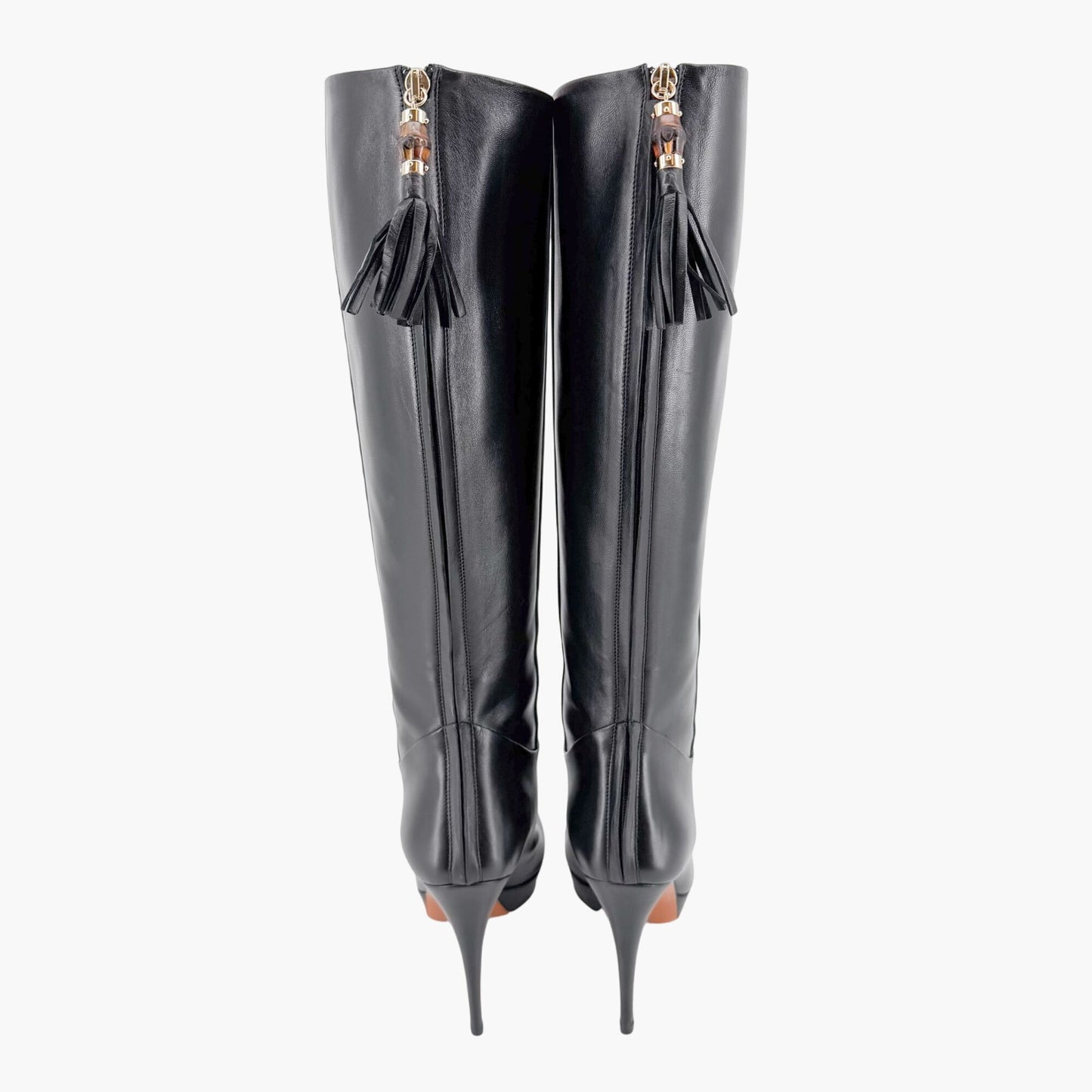 Gucci Bamboo Tassel Knee High Platform Boots in Black Nappa Leather Size 37.5