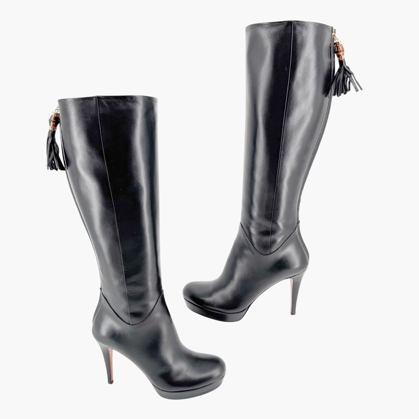 Gucci Bamboo Tassel Knee High Platform Boots in Black Nappa Leather Size 37.5