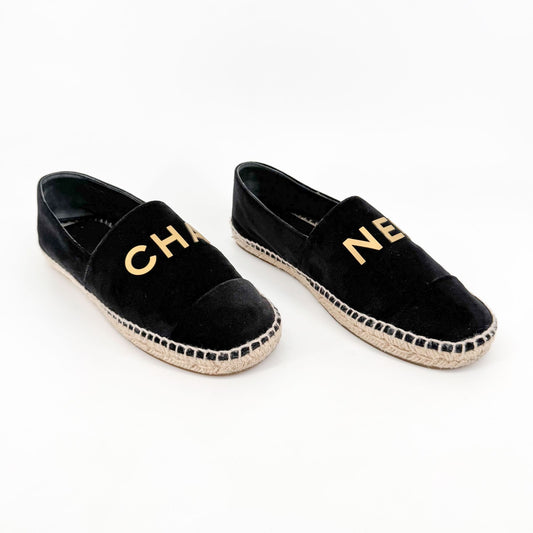 Chanel Logo Espadrilles in Black Velvet Size 37