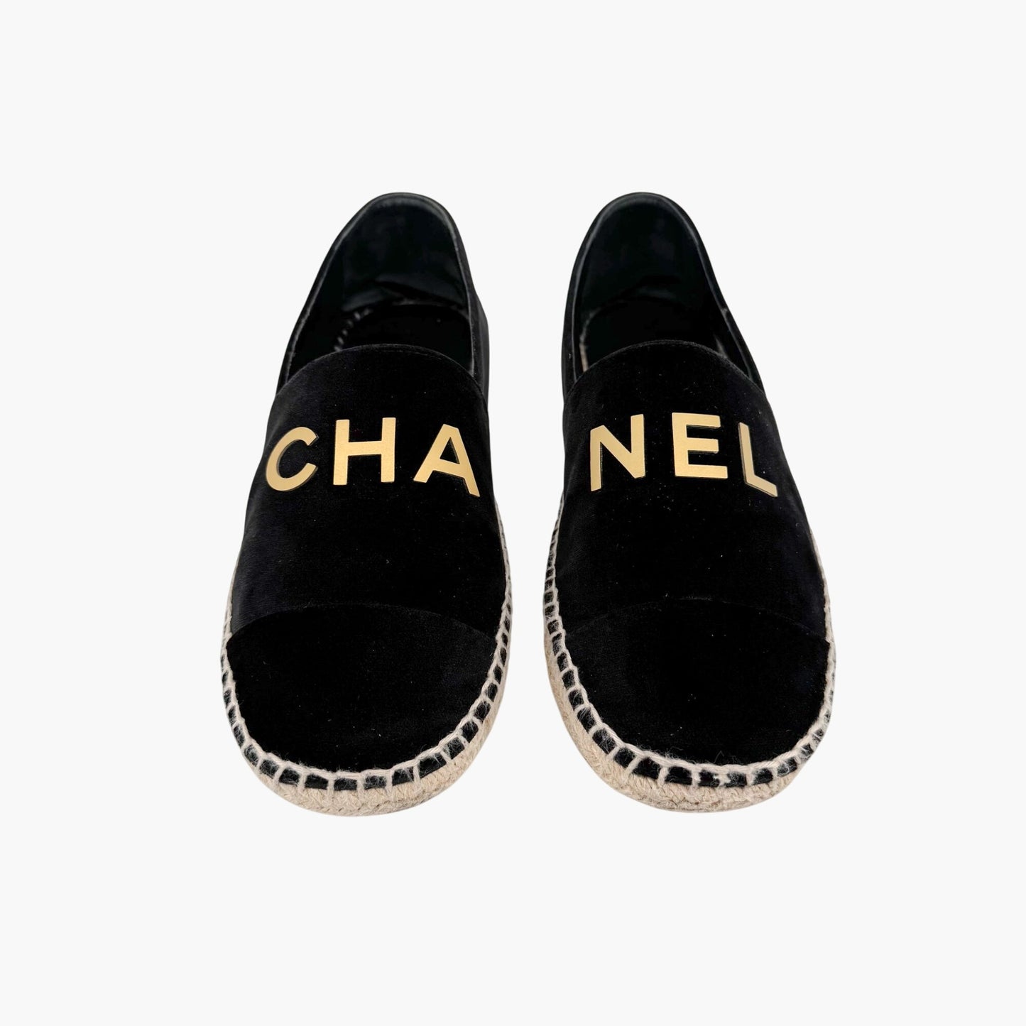 Chanel Logo Espadrilles in Black Velvet Size 37