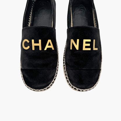 Chanel Logo Espadrilles in Black Velvet Size 37