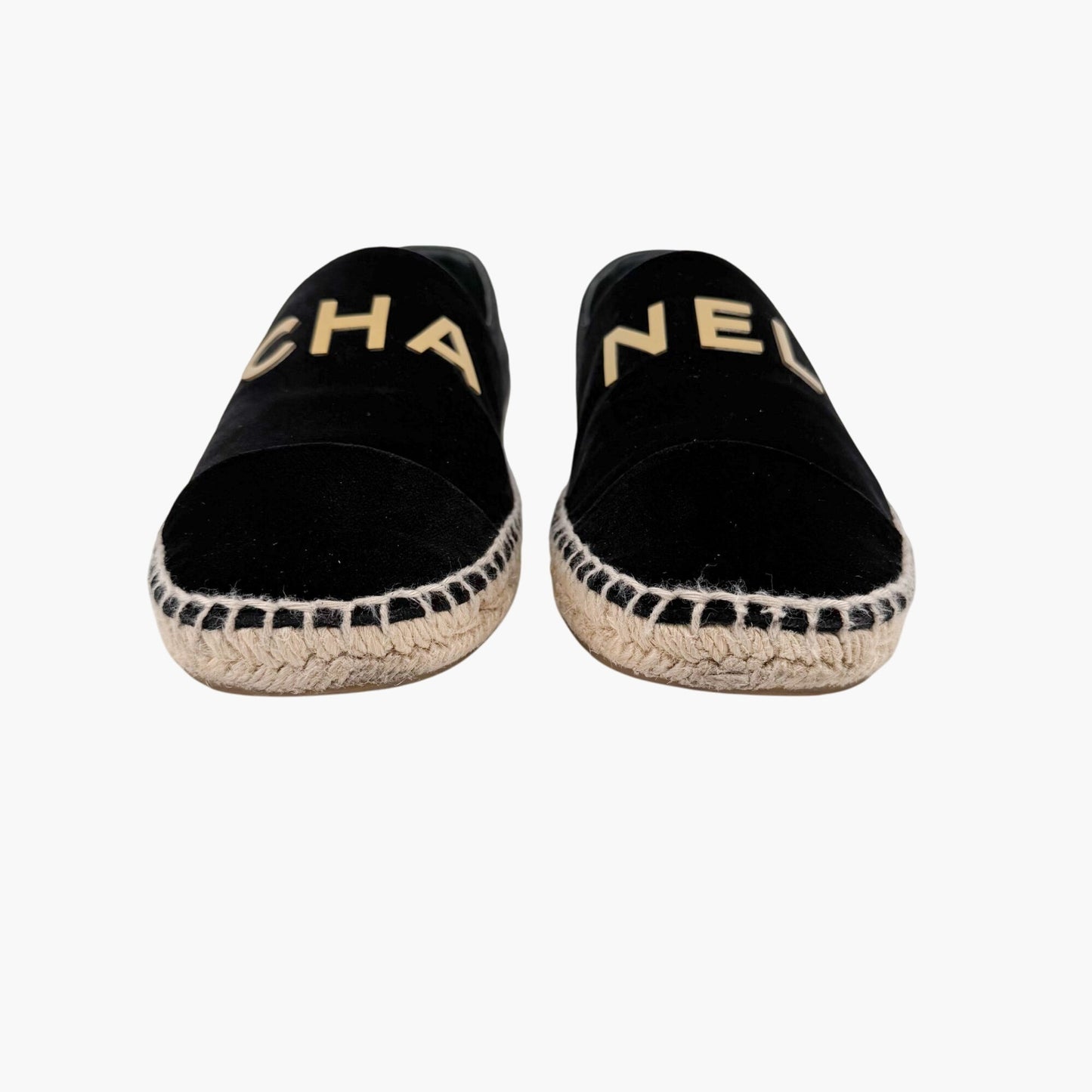 Chanel Logo Espadrilles in Black Velvet Size 37