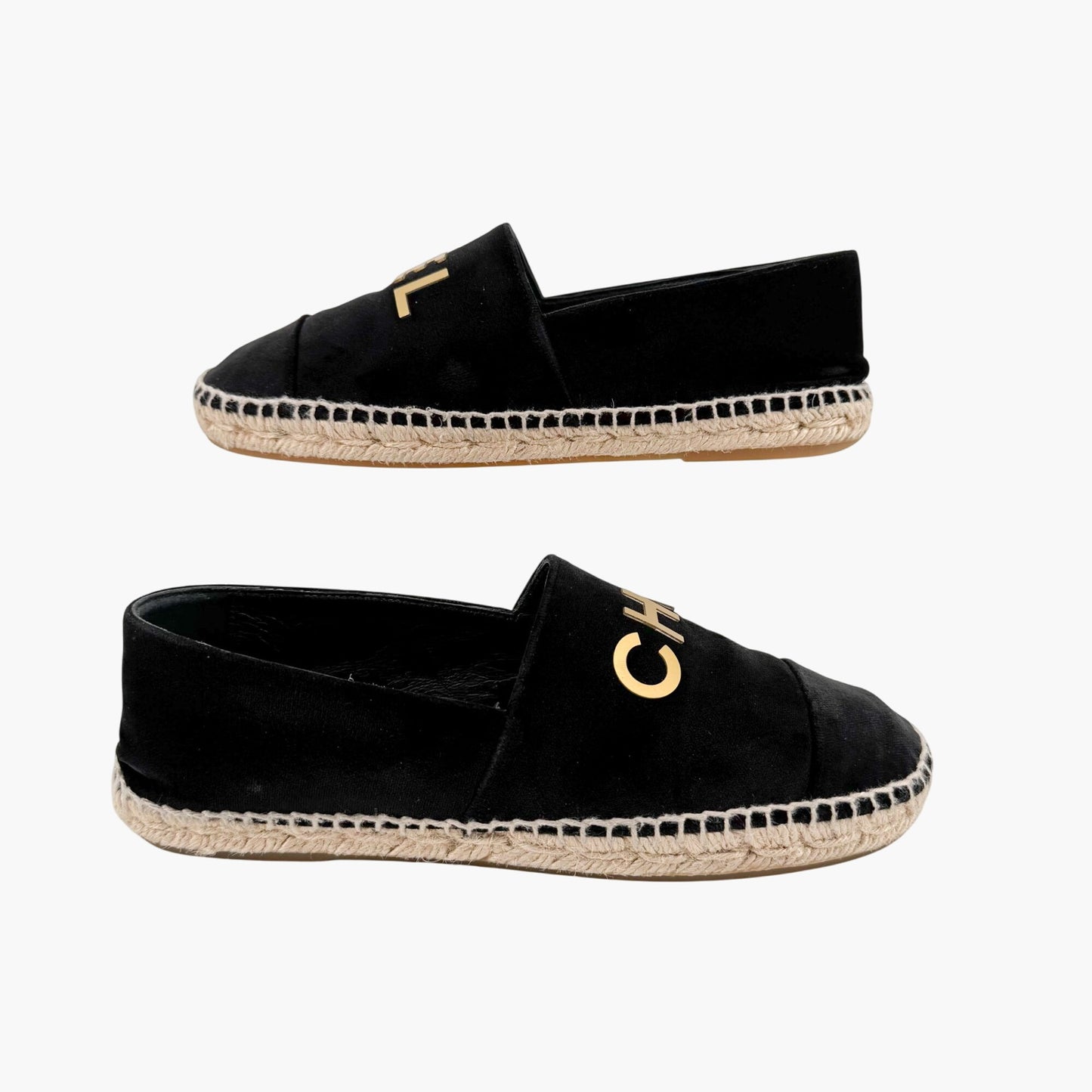 Chanel Logo Espadrilles in Black Velvet Size 37