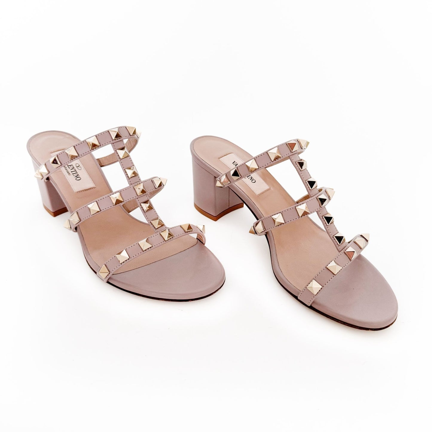 Valentino Garavani Rockstud Caged Mule Sandal in Poudre (Beige) Leather Size 36