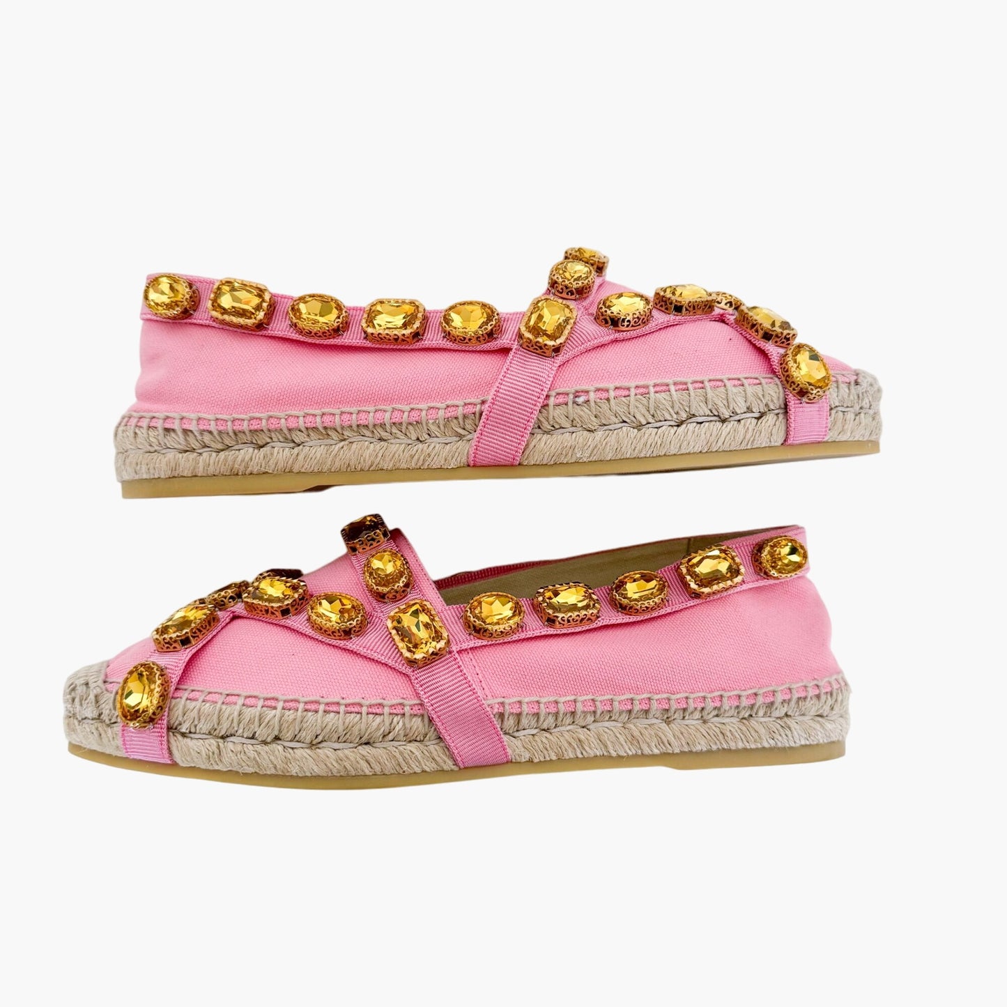 Gucci Pepita Crystal-Embellished Espadrille Flats in Pink Canvas Size 39