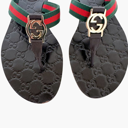 Gucci GG Web Stripe Thong Sandal in Brown Leather Size 39