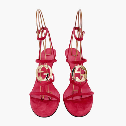 Gucci GG Strappy Heeled Sandals in Cerise Pink Suede Size 38