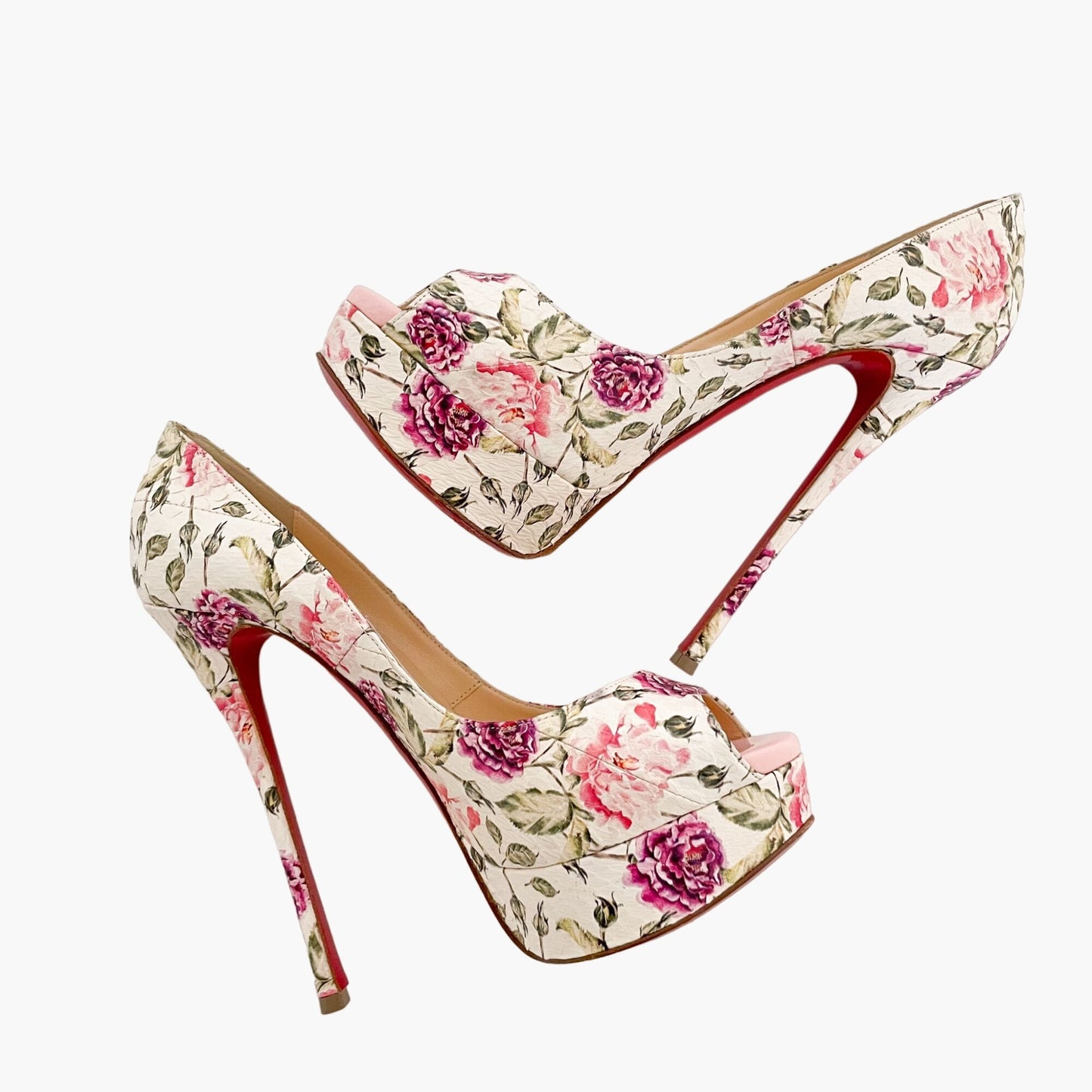 Christian Louboutin Fetish 150 Pumps in Latte Floral Watersnake and Pompadour Patent Size 37.5
