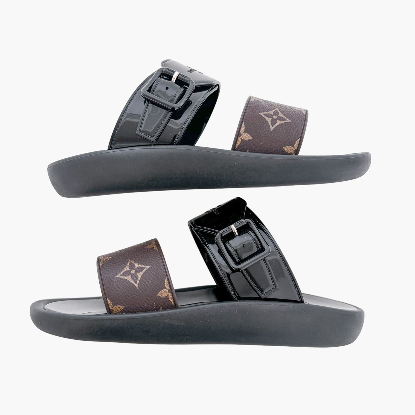 Louis Vuitton Sunbath Flat Mules in Brown Monogram Canvas & Black Rubber Size 37