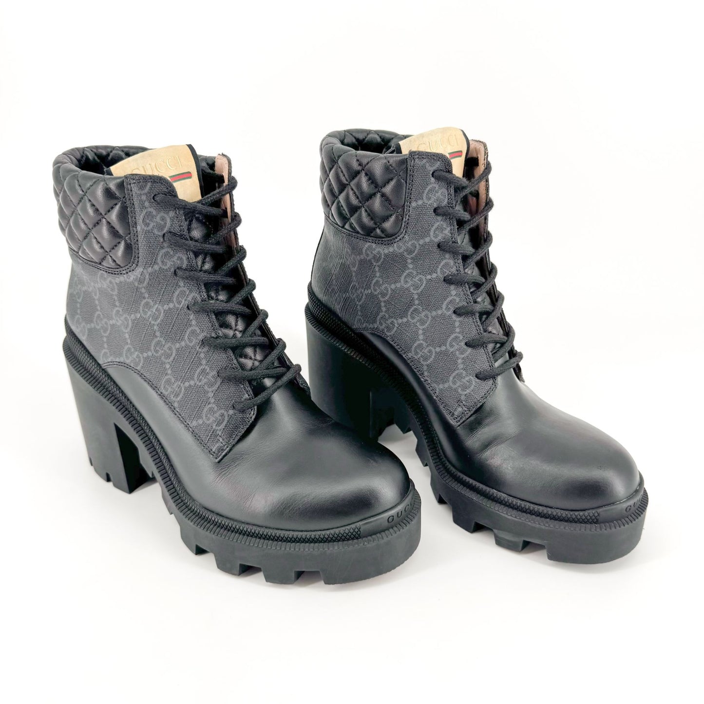 Gucci Apollo Combat Boots in Black GG Supreme Canvas & Leather Size 38