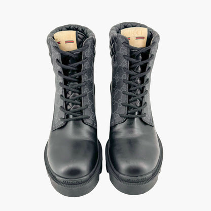 Gucci Apollo Combat Boots in Black GG Supreme Canvas & Leather Size 38