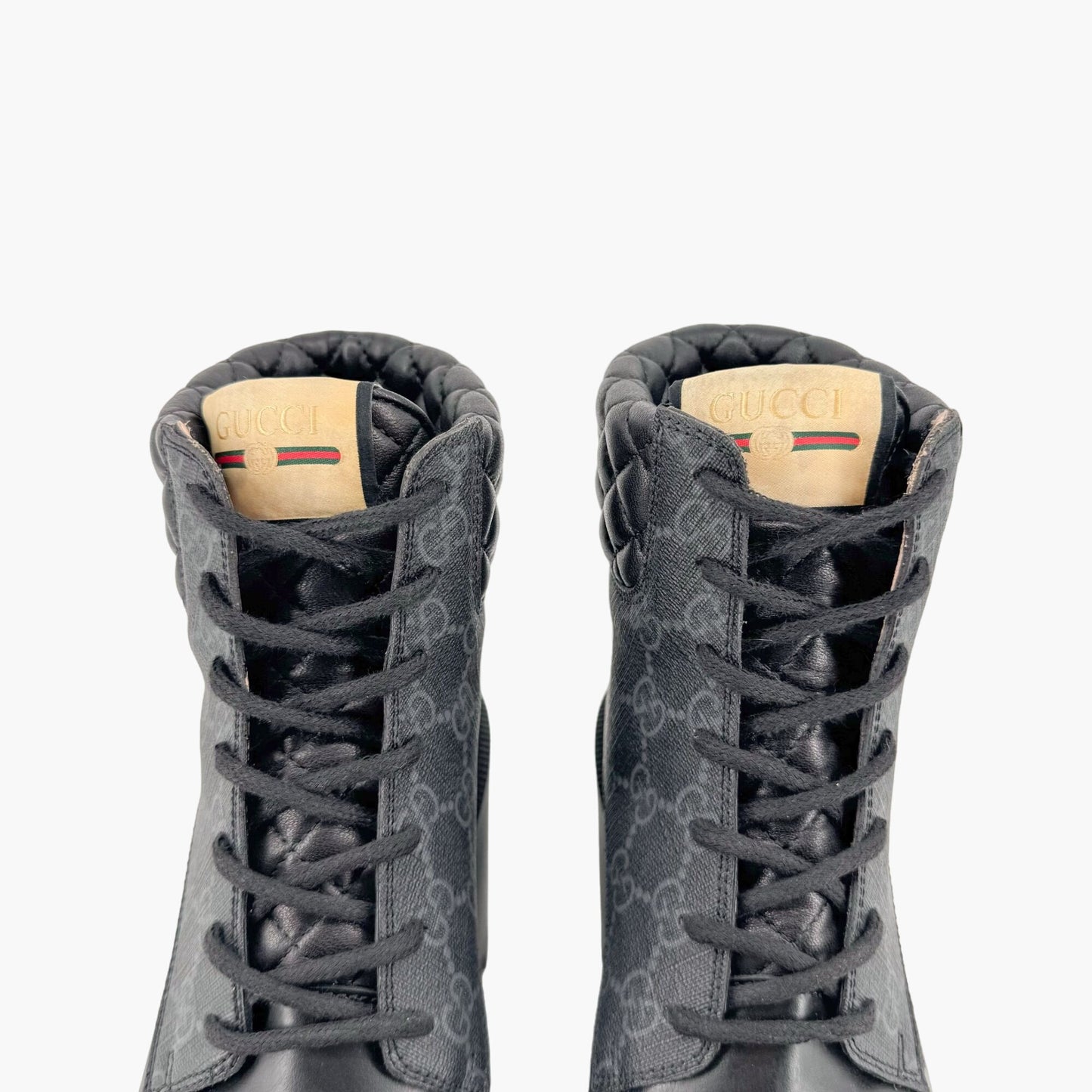 Gucci Apollo Combat Boots in Black GG Supreme Canvas & Leather Size 38