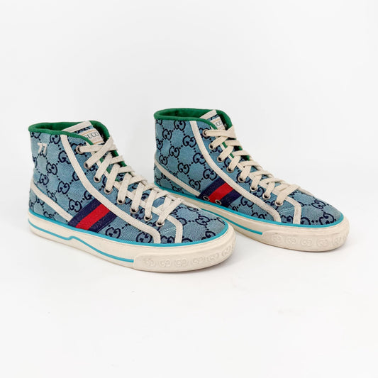 Gucci Tennis 1977 High Top Sneakers Blue GG Canvas Size 37