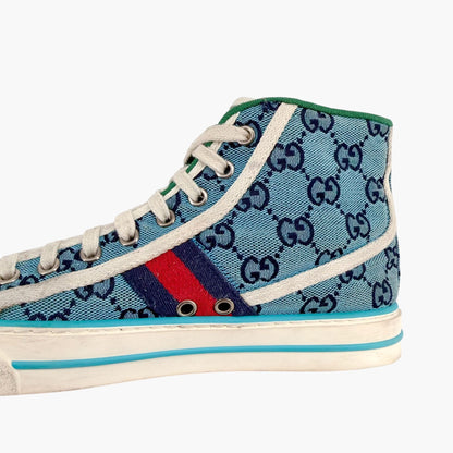 Gucci Tennis 1977 High Top Sneakers Blue GG Canvas Size 37